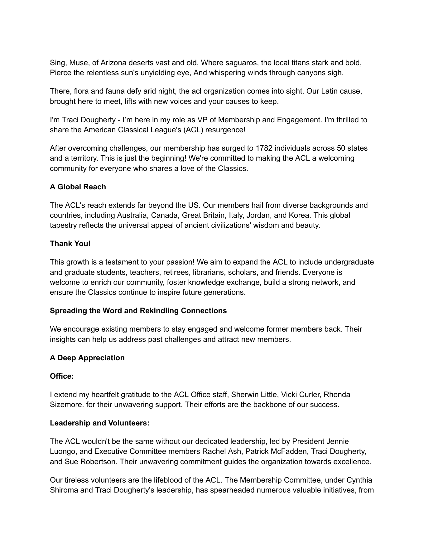 First page of the 2024 ACL membership speech