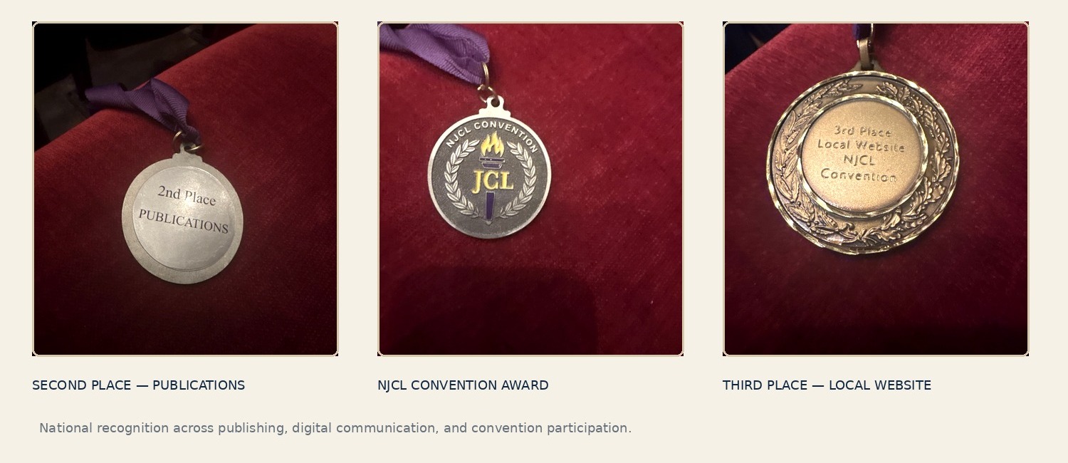 External recognition for publications and digital communication - second place publications, NJCL convention award, third place local website