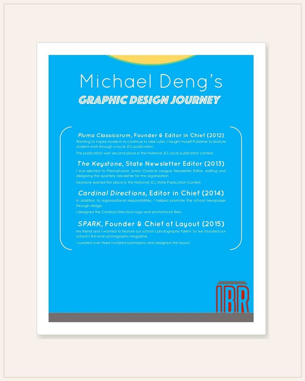 Student design portfolio cover in a standardized cream artboard