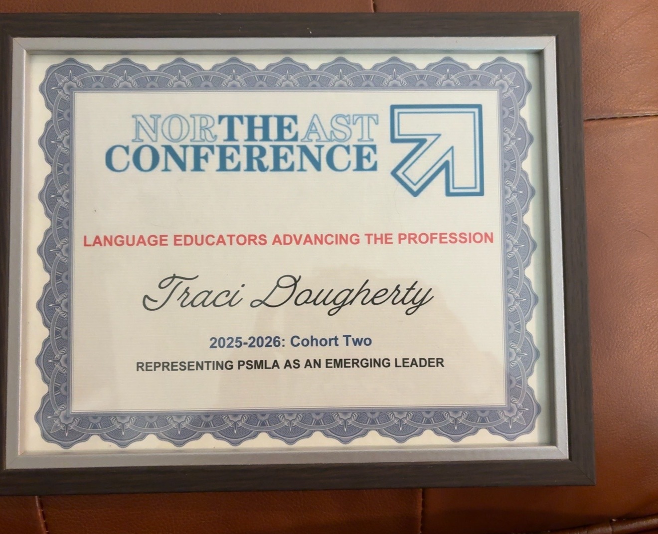 Certificate recognizing Traci Dougherty as a NECTFL LEAP emerging leader representing PSMLA